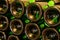 Many bottles of champagne sparkling wine. Visit of undergrounds caves, traditional producing of champagne wine in Cote des Bar,