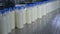 Many bottles of milk on a conveyor belt at milk production plant.