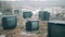 Many broken TVs on a landfill in winter.