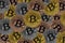 Many bronze, silver and gold coins with Bitcoin sign, It is a cryptocurrency background