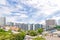 Many buildings and tower in the city of Bangkok with canel, street and bridge as foreground. Bangkok, Thailand March 12, 2017