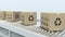 Many cartons with CISCO logo move on roller conveyor. Editorial 3D rendering