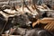 Many cattle stand closely on a brightly painted flatbed truck in India.