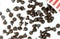 Many chocolate chips are on gray abstract background.