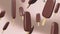 Many chocolate popsicle ice cream flies on beige coffee background. 3d animation