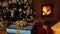 Many christmas gifts in front of fireplace and blurry lights on xmas tree