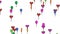 Many colorful cartoon party balloons flying up on white background. 4K