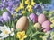 Many colorful Easter eggs in a stack with various pastel colors in the spring season in a bright flora colored style