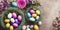 Many colorful Easter eggs in a stack with various pastel colors in the spring season in a bright flora colored style