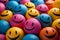 many colorful plastic eggs with smiley faces on them