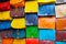 Many colourful leather purses displayed at souk - traditional street market in Morocco, closeup detail