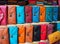 Many colourful leather purses displayed at souk - traditional street market in Morocco, closeup detail