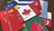 Many credit cards with different flags, emphasized bank card with flag of Canada