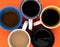 Many cups of coffee on table flat lay copy space