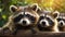 Many cute fluffy raccoons in nature banner funny charming fur mammals