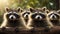 Many cute fluffy raccoons in nature banner funny charming fur mammals natural