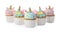 Many cute sweet unicorn cupcakes on white background