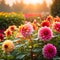 Many Dahlia flowers with rain drops, in rustic garden