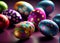 Many decorated Easter eggs as background, top view. AI Generated