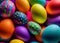 Many decorated Easter eggs as background, top view. AI Generated