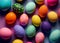 Many decorated Easter eggs as background, top view. AI Generated