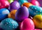 Many decorated Easter eggs as background, top view. AI Generated