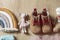 Many different baby textile stuff on a wooden background with toys and pink dress