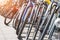 Many different bicycles, Rows of bikes in bicycle shop. Selective focus