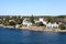 Many different building and houses are on coastline of Stockholm archipelago in Sweden. Joint valley landscape. Scandinavia