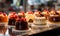 Many different cakes on shelf in cafe, closeup. Delicious dessert