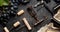 Many different corkscrews with open wine corks on dark concrete background in frame made of black grapes. Degustation winetasting