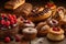 Many different delicious sweet pastries, cakes, rolls and muffins with fresh fruits and berries, tasty assorted desserts, AI