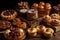 Many different delicious sweet pastries, cakes, rolls and muffins with fresh fruits and berries, tasty assorted desserts, AI