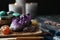 Many different gemstones and blurred candles