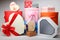 Many different gift boxes on white background.