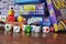 Many different packs of board games and dices as activity against boredom