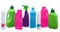 Many different plastic bottles of cleaning products