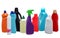 Many different plastic bottles of cleaning products