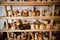 Many different pottery standing on the shelves in a pottery workshop. Low light