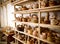 Many different pottery standing on the shelves in a pottery workshop. Low light