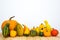 Many different pumpkins lie on wood