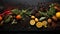 Many different seasonings pepper greens fruits and food on a black background