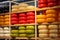 Many different shapes of colored Dutch cheese stacked on neat shelves. culinary product typical of amsterdam