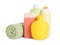 Many different shower gel bottles and towel on white background