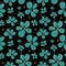 Many different size blue turquoise buttercup flowers on black background