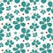 Many different size blue turquoise buttercup flowers and dots on white background