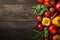 Many different various fresh raw vegetables on rustic wooden table background copy space healthy balanced food concept