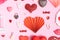 Many differente hearts pattern and valentines day symbols elements top view. Creative valentines day flat lay background