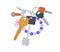 Many door keys bunch hanging on ring, holder. Keychain, keyring with trinket, pendant, accessories for locking
