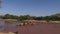 Many elephants crossing a river